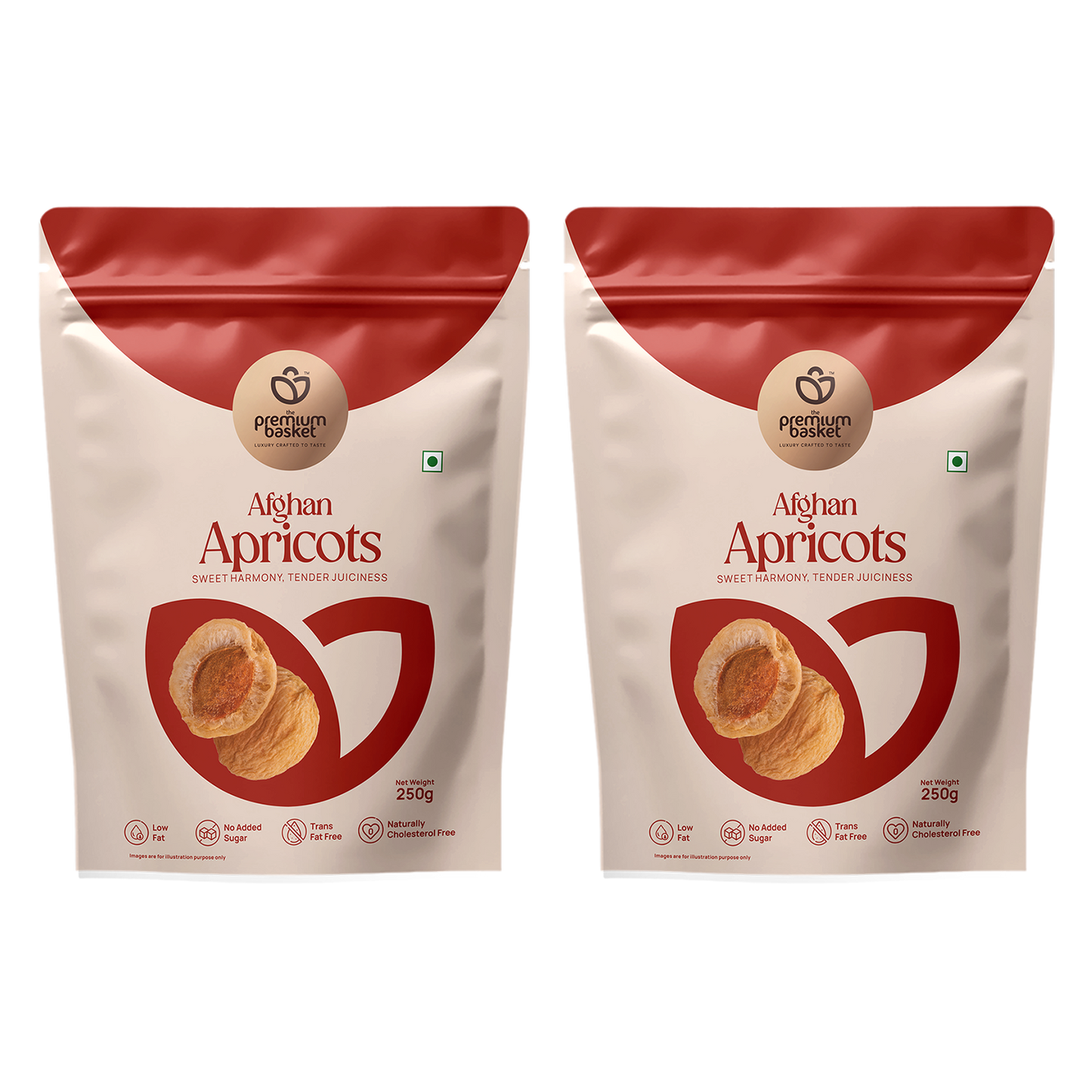 Premium Basket Afghan Apricots dried fruit pouches, red and beige, 250g