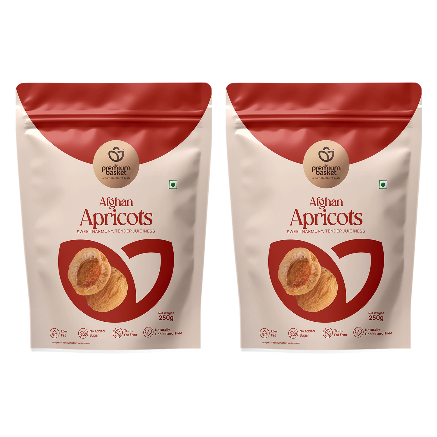 Premium Basket Afghan Apricots dried fruit pouches, red and beige, 250g