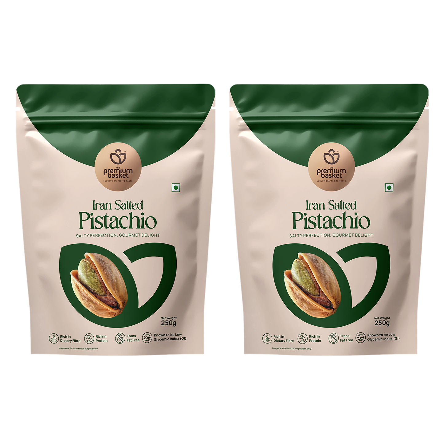 Two salted pistachio pouches standing side by side, green top and white front