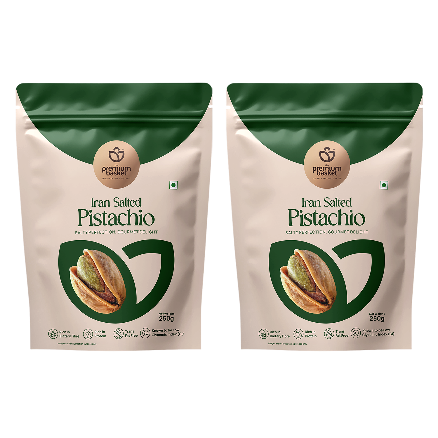 Two salted pistachio pouches standing side by side, green top and white front