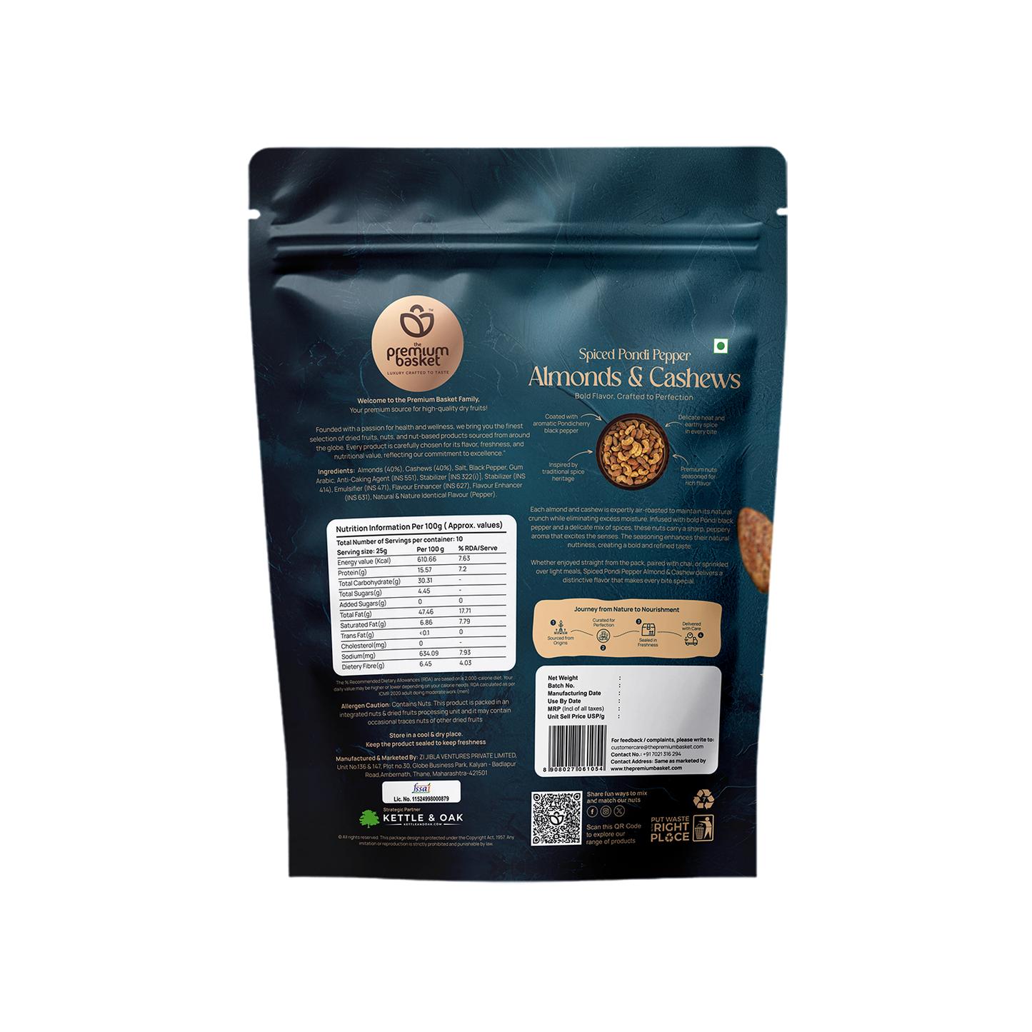 Spiced Pondi Pepper Almonds & Cashews snack bag, back panel with nutrition details