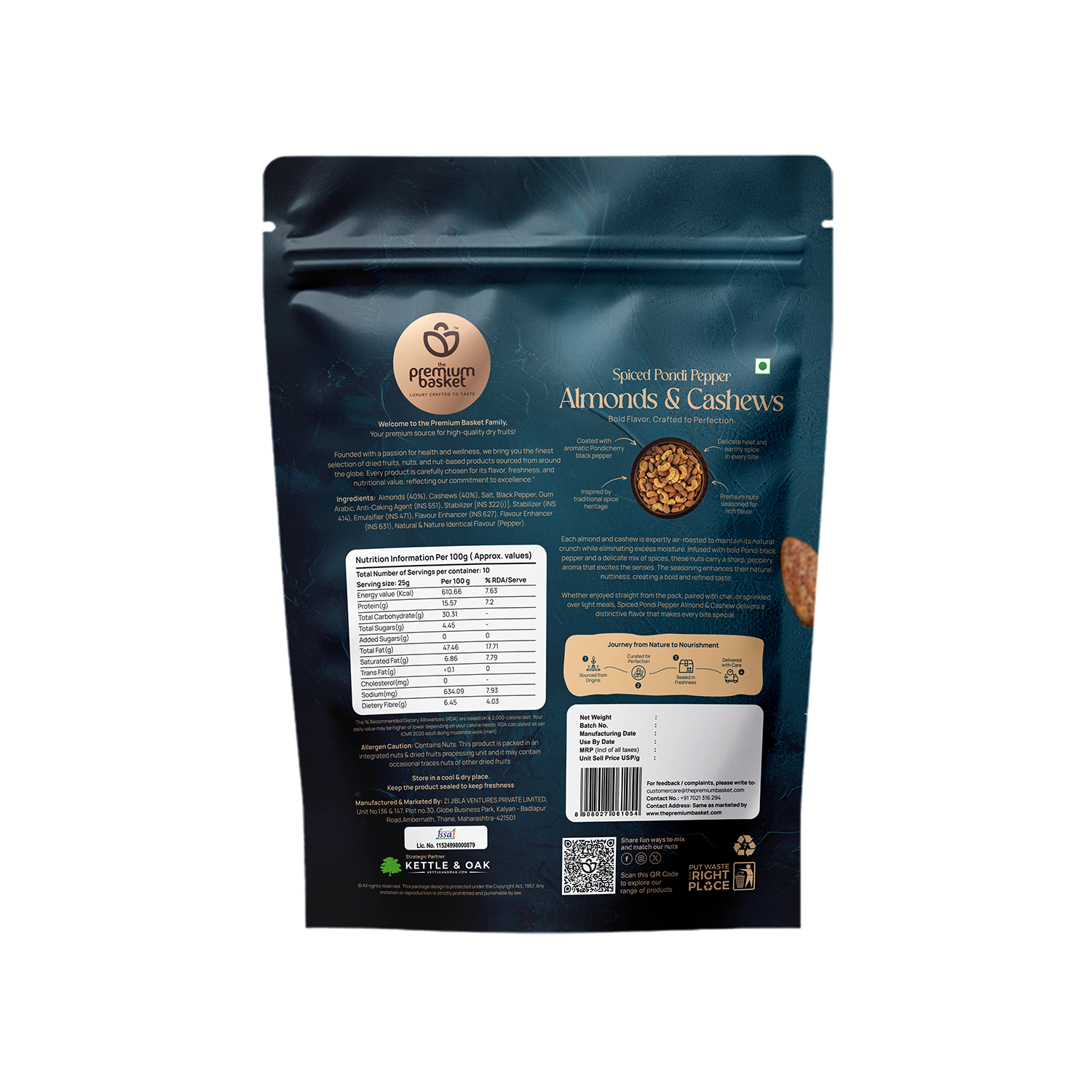 Spiced Pondi Pepper Almonds & Cashews snack bag, back panel with nutrition details