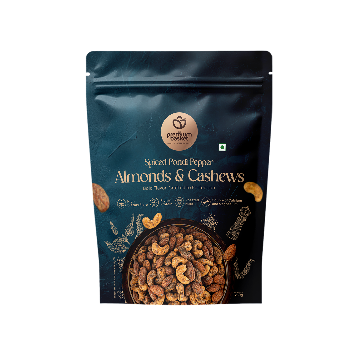 Spiced Pondi Pepper Almonds & Cashews snack bag with roasted nuts on front