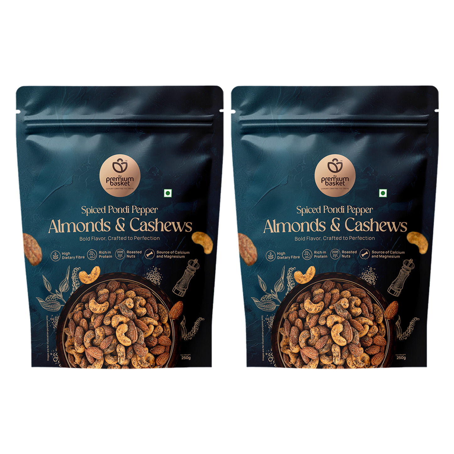 Spiced Pondi Pepper Almonds & Cashews snack bag, two-pack showing front views