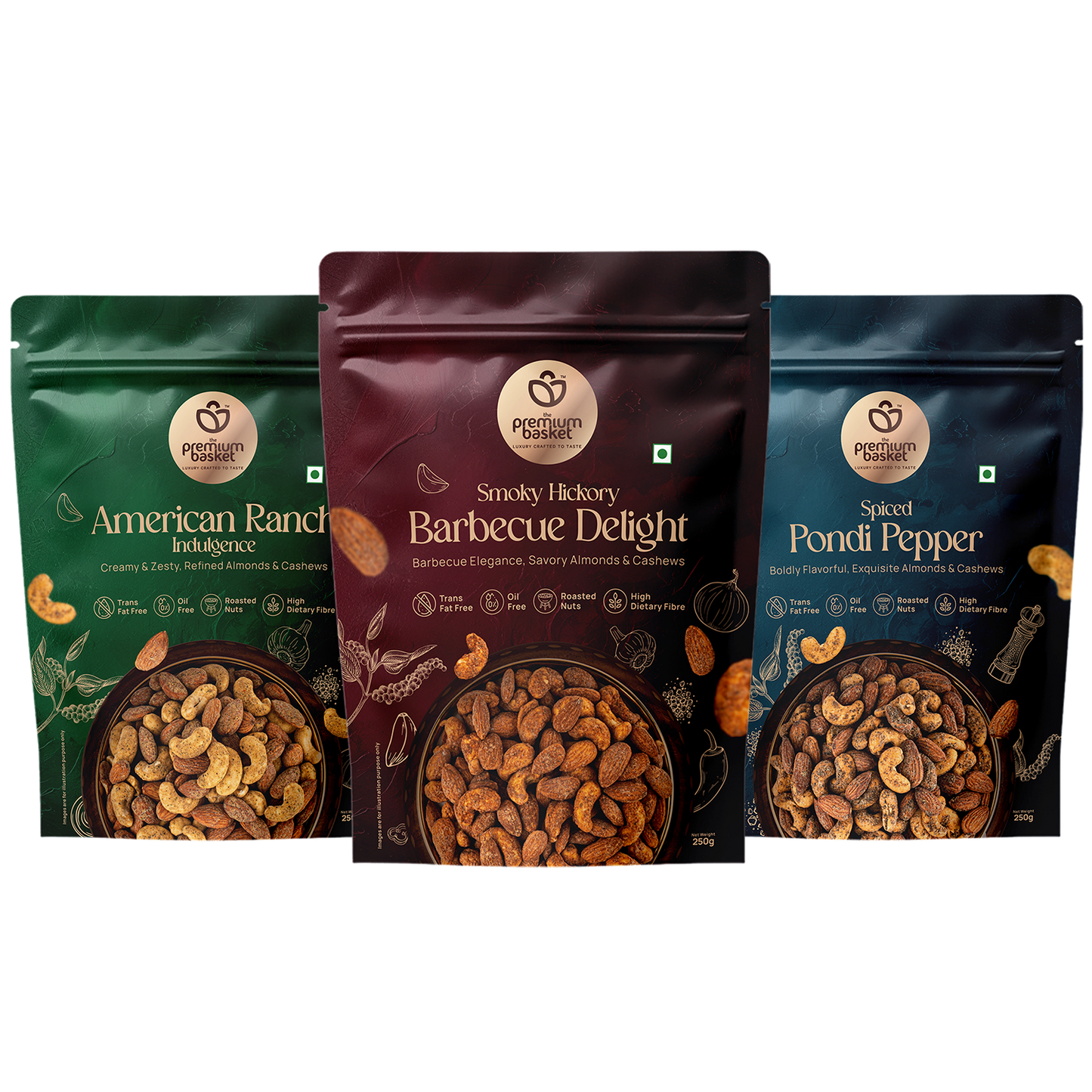 Seasoned nut trio in three pouches: American Ranch, Smoky Hickory, Spiced Pondi Pepper