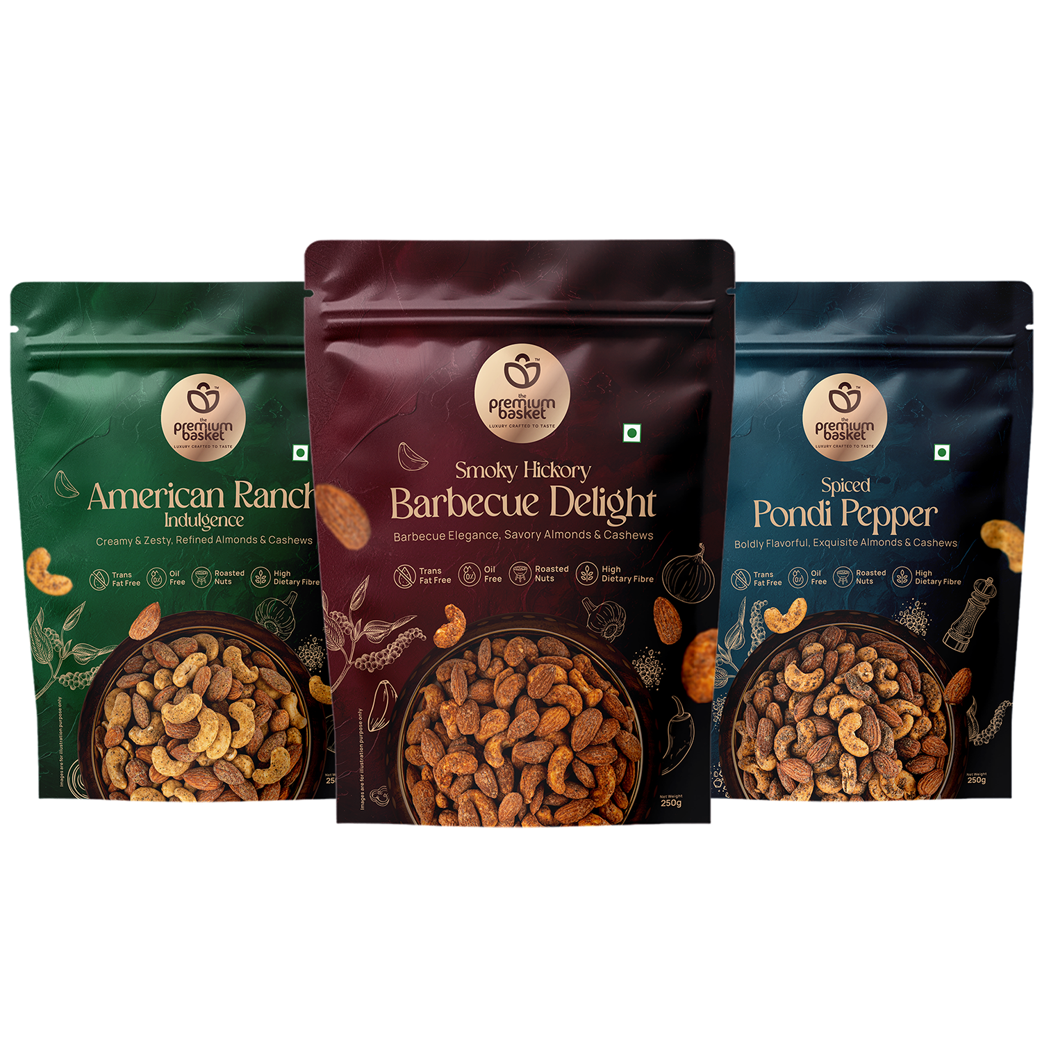 Seasoned nut trio in three pouches: American Ranch, Smoky Hickory, Spiced Pondi Pepper