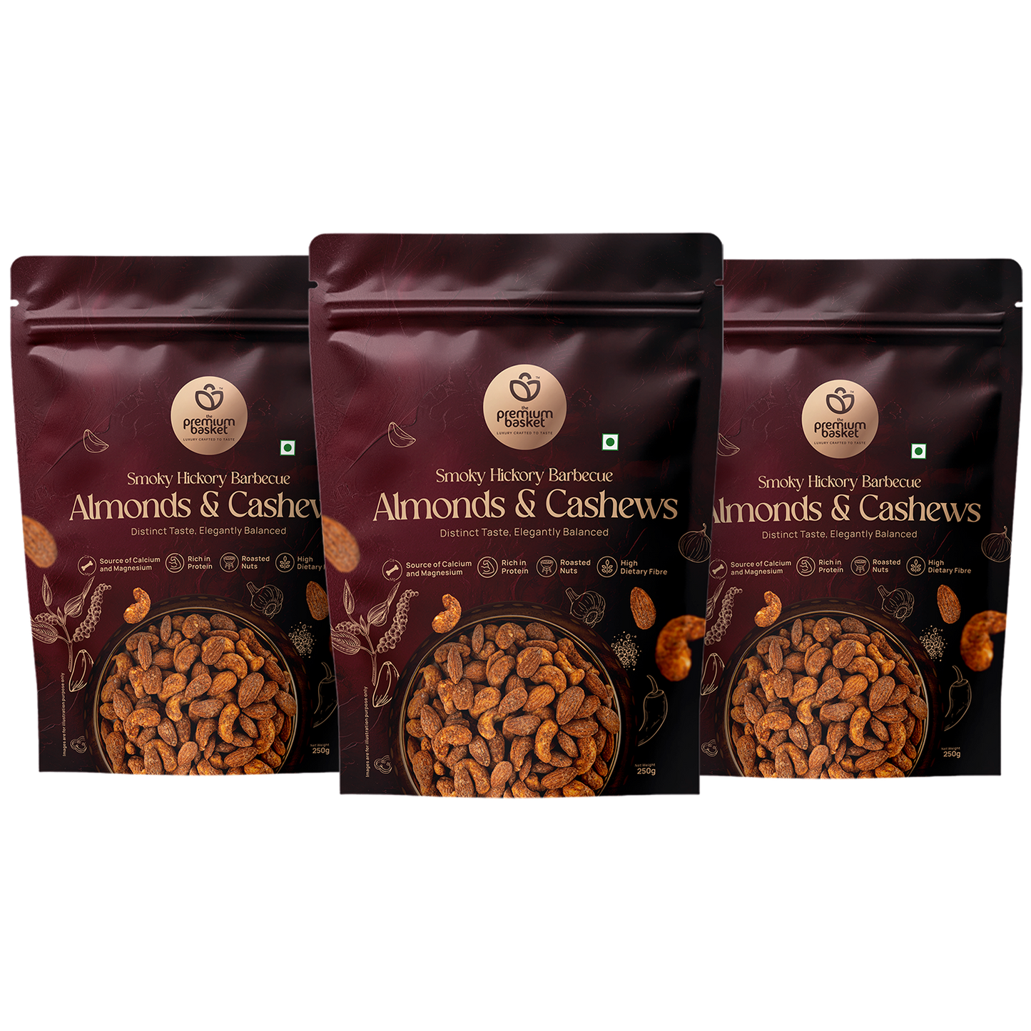 Smoky hickory barbecue almonds & cashews snack bags, three sealed packs in maroon