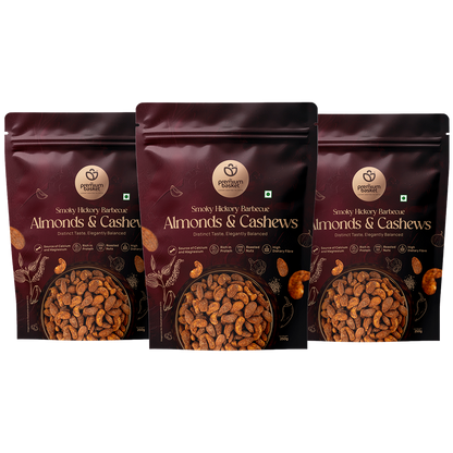 Smoky hickory barbecue almonds & cashews snack bags, three sealed packs in maroon