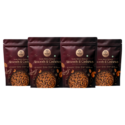 Smoky hickory barbecue almonds & cashews snack bags, five sealed packs in maroon