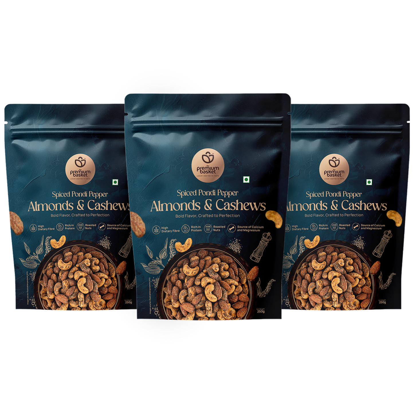 Spiced pondi pepper almonds & cashews snack pouches, three pack lineup