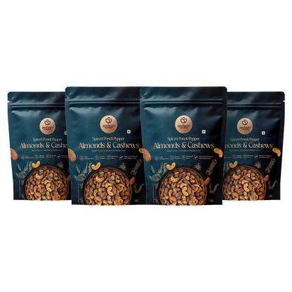 Spiced pondi pepper almonds & cashews snack pouches, four pack lineup